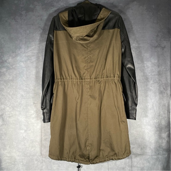 Zara Khaki / Black Jacket Hooded Coat Sz XS Faux Leather Sleeves Long Military - Picture 9 of 9